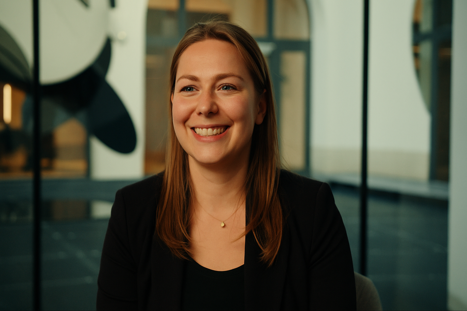 Lächelnde Frau mit langen braunen Haaren, schwarzer Kleidung und dezentem Schmuck vor einem modernen Glasfenster.