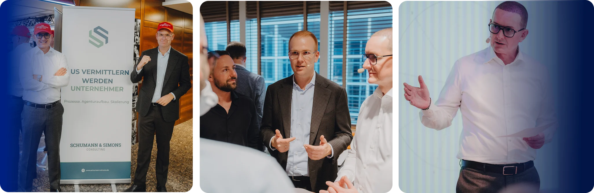 Zwei Männer mit roten Kappen neben einem Werbebanner, drei Männer im Gespräch mit Mikrofonen und ein Mann hält eine Präsentation mit Mikrofon und Papier.