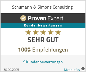 ProvenExpert Bewertungssiegel für Schumann & Simons Consulting mit fünf goldenen Sternen und der Bewertung sehr gut, 100% Empfehlungen, 9 Kundenbewertungen, gültig bis 30.09.2025.