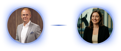 Porträt eines Mannes im grauen Anzug und einer Frau in schwarzem Blazer, verbunden durch einen Strich.