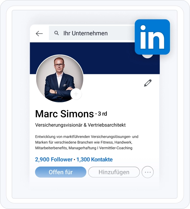 LinkedIn-Profil von Marc Simons, Versicherungsvisionär und Vertriebsarchitekt, mit 2.900 Followern und 1.300 Kontakten, offen für neue Verbindungen.