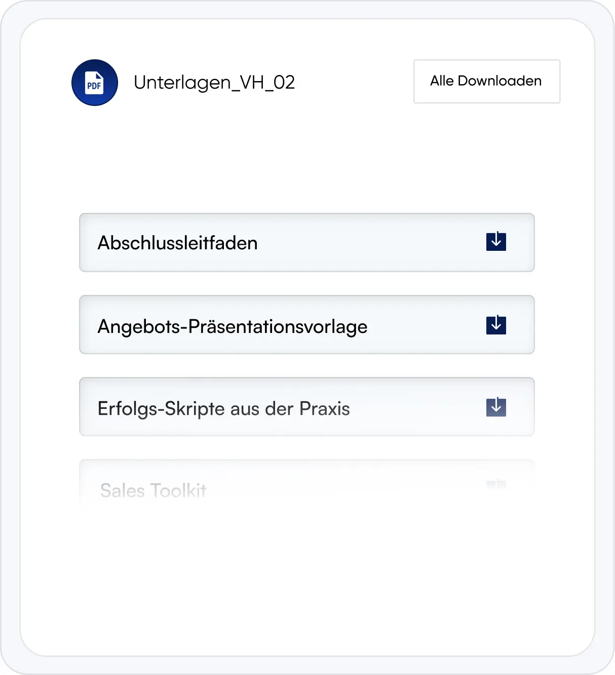 Liste von PDF-Dokumenten mit Titeln Abschlussleitfaden, Angebots-Präsentationsvorlage und Erfolgs-Skripte aus der Praxis sowie Schaltflächen zum Herunterladen und eine Schaltfläche Alle Downloaden.