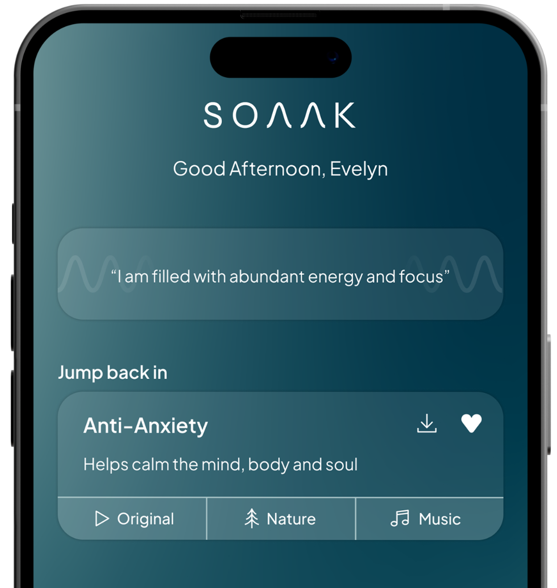Smartphone held in a hand displaying the Soaak app interface with frequency options visible on the screen.
