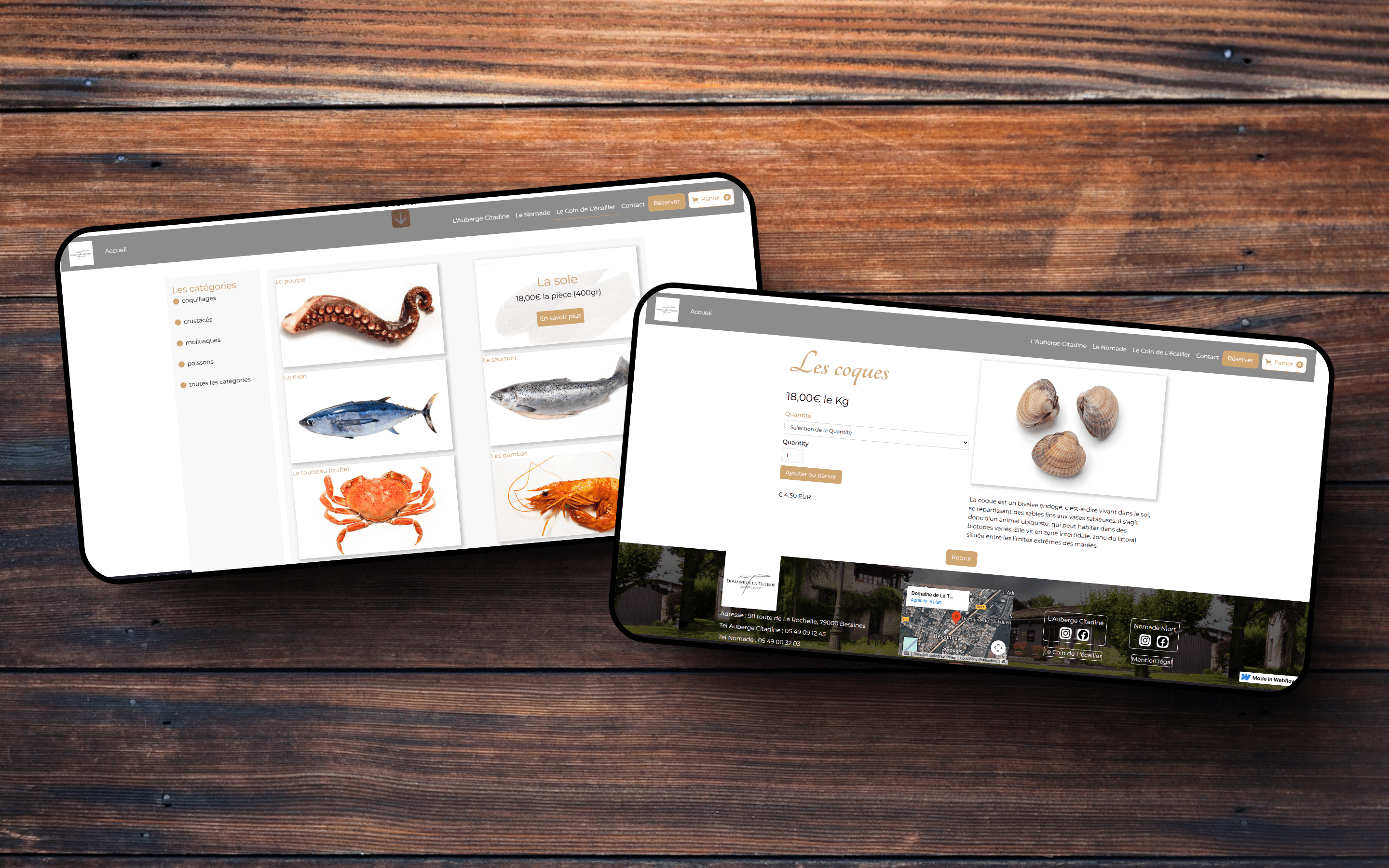 Un écran d'ordinateur affichant un site web de restaurant, "Le Domaine de la Tuilerie", présentant des cartes de produits , "fruits de mer", pour de la vente à emporter