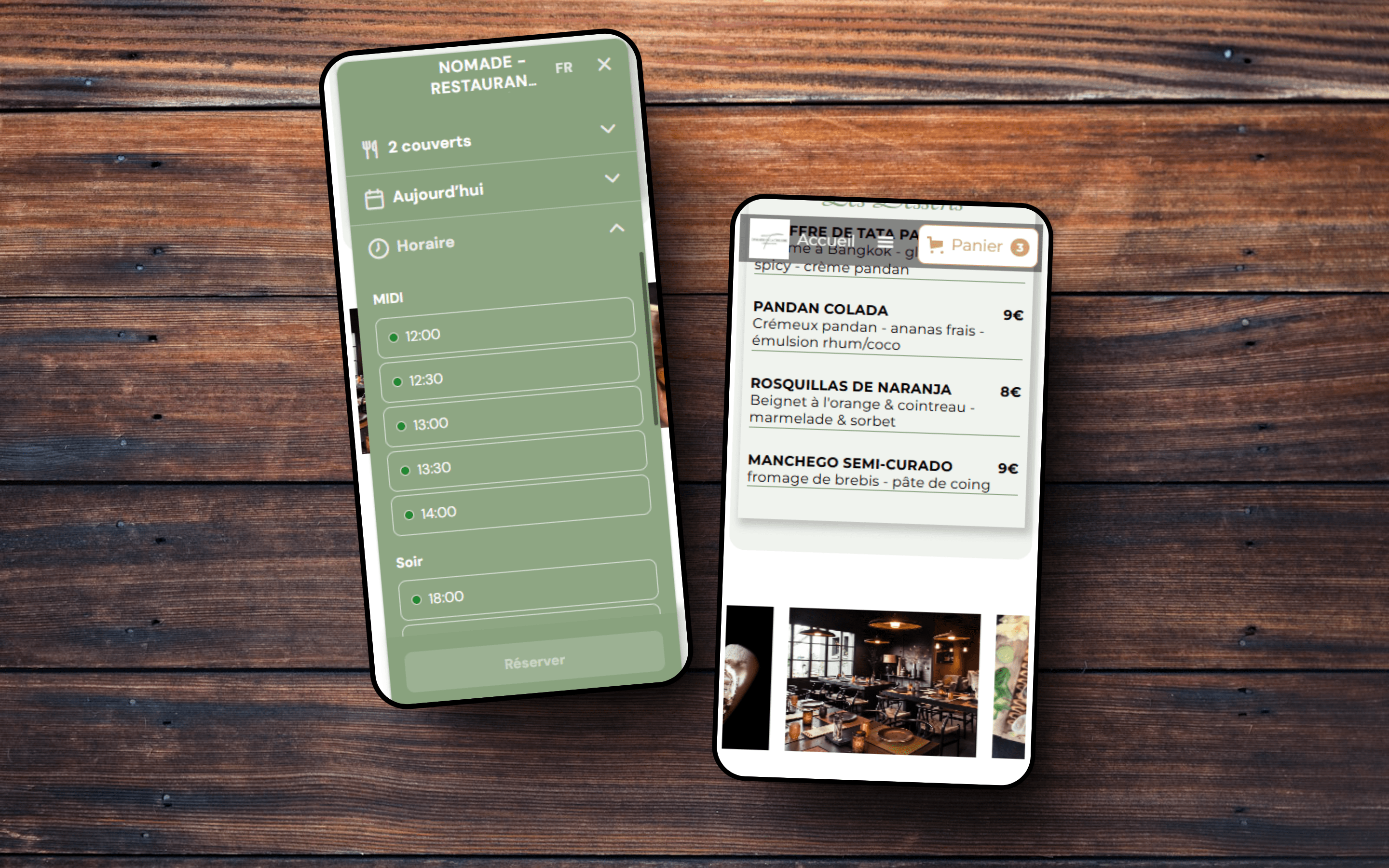 deux écrans de smartphone affichant un site web de restaurant, "Le Domaine de la Tuilerie", présentant une page de réservation et une pages de plats proposés pour le Nomade