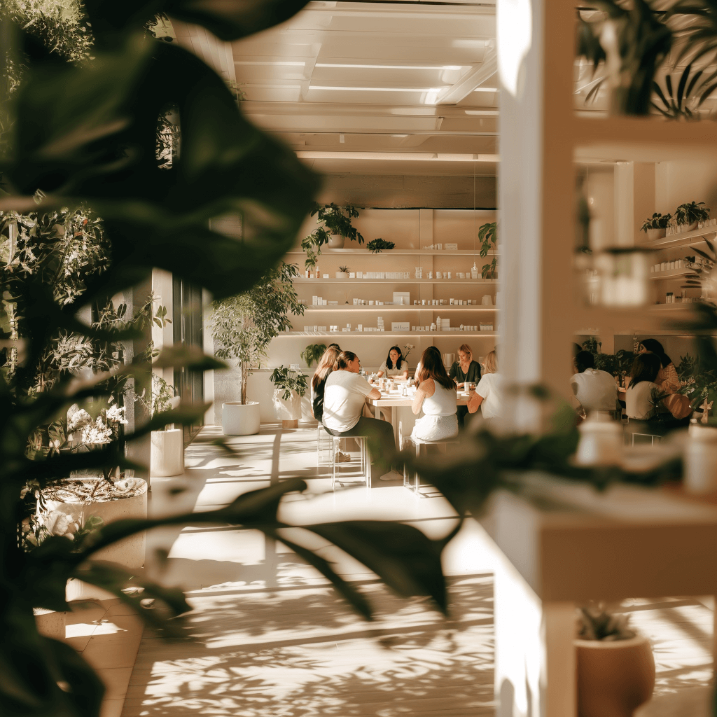 Gruppe von Menschen sitzt an einem Tisch in einem lichtdurchfluteten Raum mit vielen Pflanzen und Regalen mit Produkten.