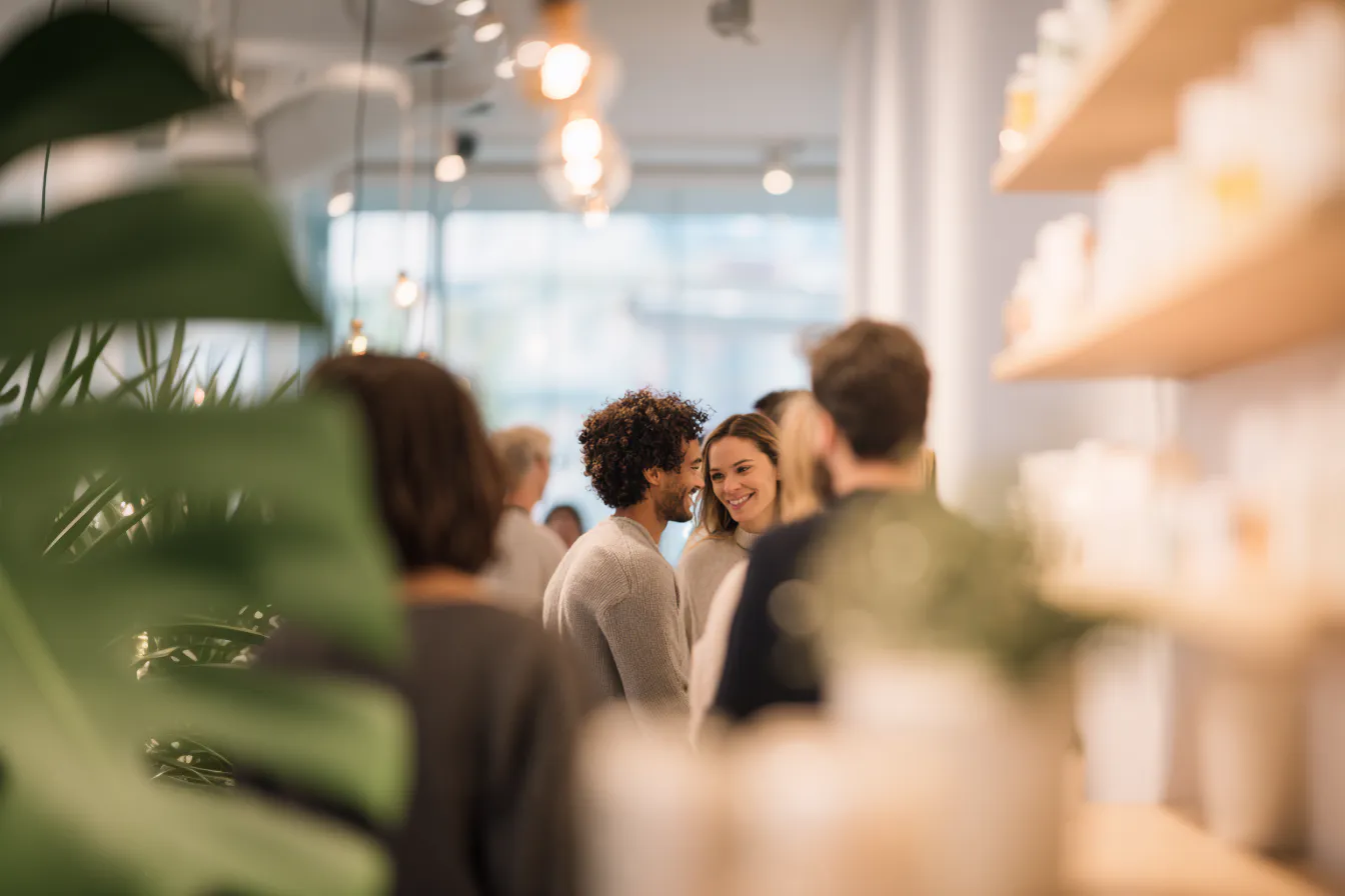Menschen in einem hellen Raum unterhalten sich und lächeln, mit grünen Pflanzen und Regalen im Vordergrund.