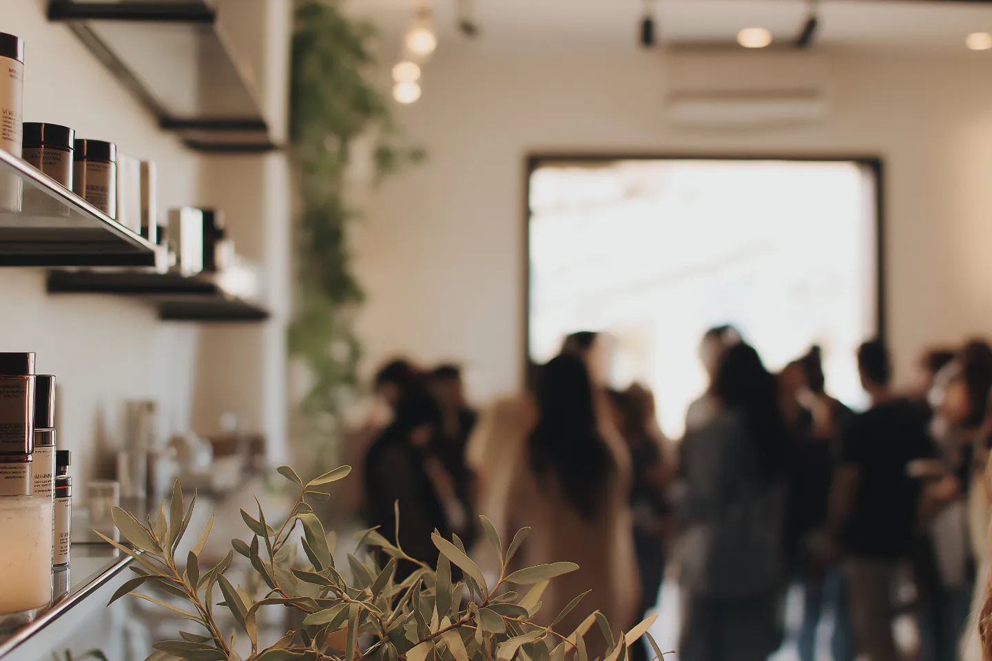 Kosmetikprodukte in Regalen im Vordergrund, unscharfe Menschenmenge in einem hell beleuchteten Raum im Hintergrund.