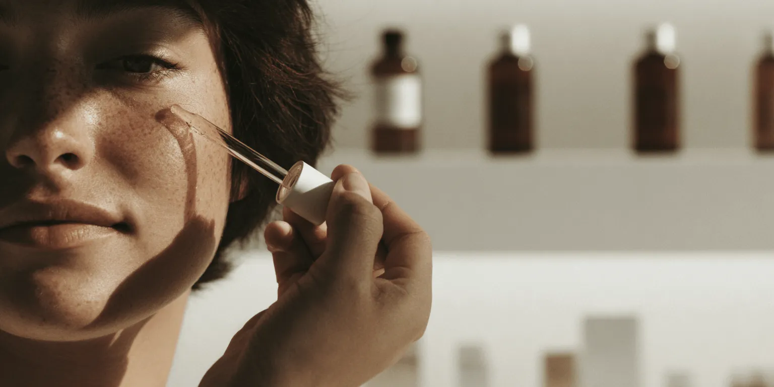 Ein Portrait einer Frau. Sie trägt mit einer Pipette eine Flüssigkeit auf ihre Wange auf