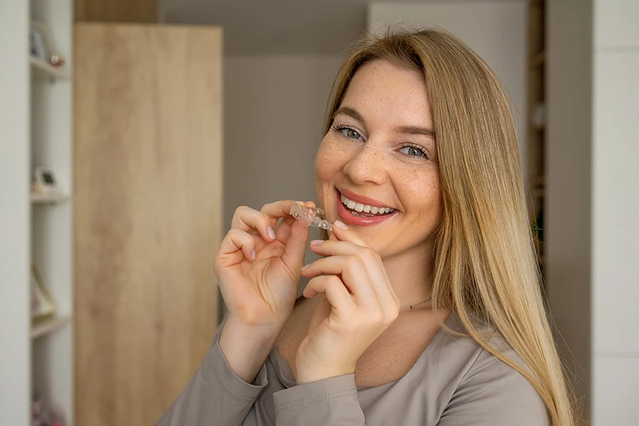 Smiling blonde woman holding a clear dental aligner near her mouth indoors.