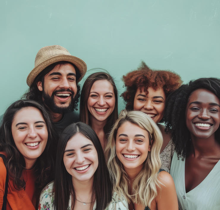 Group of seven diverse friends happily smiling together against a light green background.
