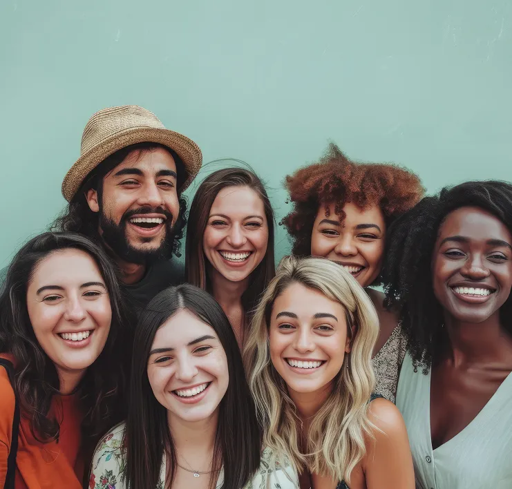 Group of seven diverse friends happily smiling together against a light green background.