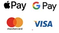 Icons for Apple Pay, Google Pay, Mastercard, and Visa payment methods.