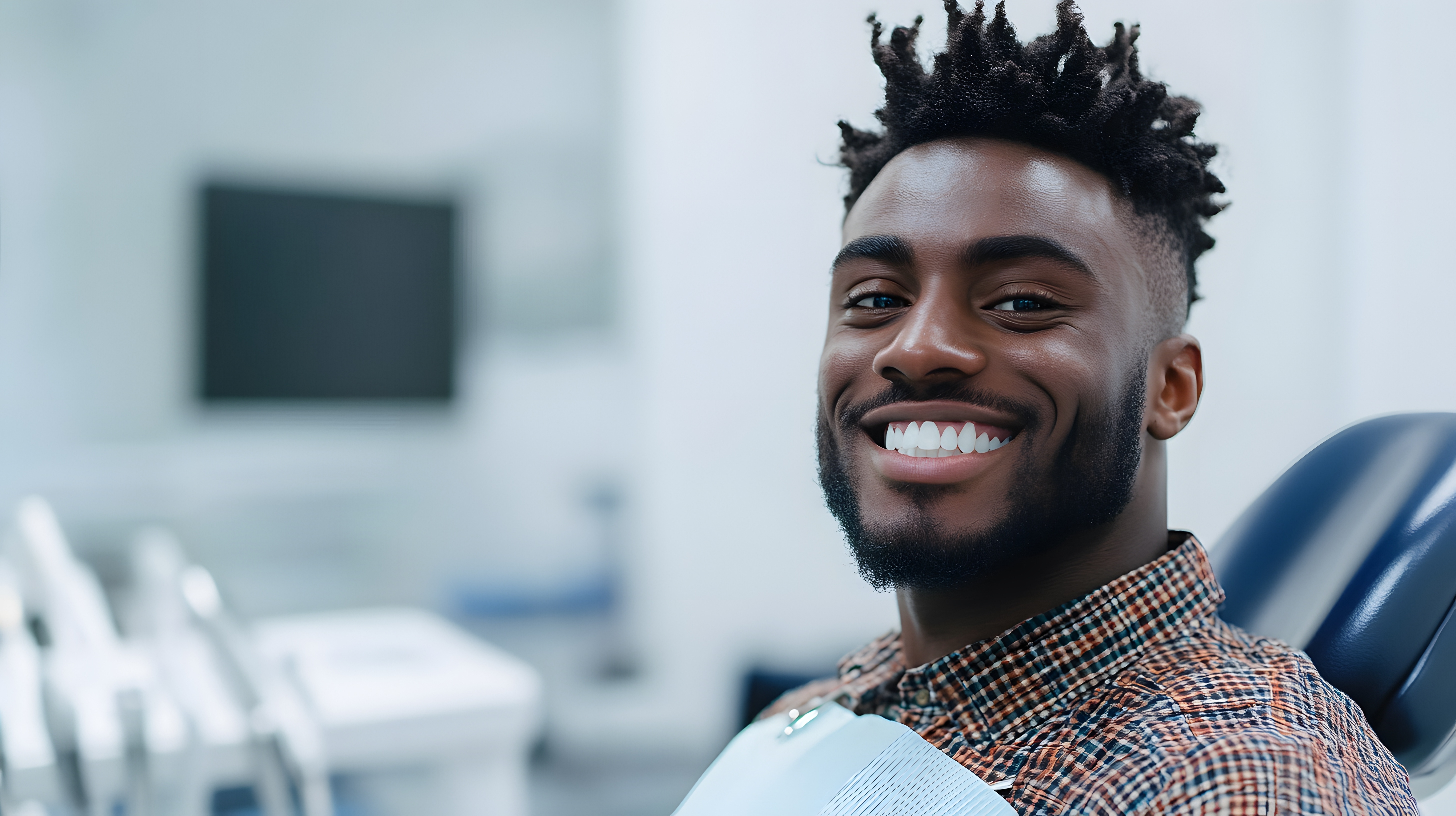 Smiling young man sitting in a dental chair wearing a plaid shirt and dental bib.