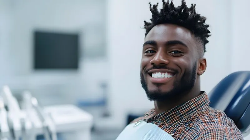 Smiling young man sitting in a dental chair wearing a plaid shirt and dental bib.