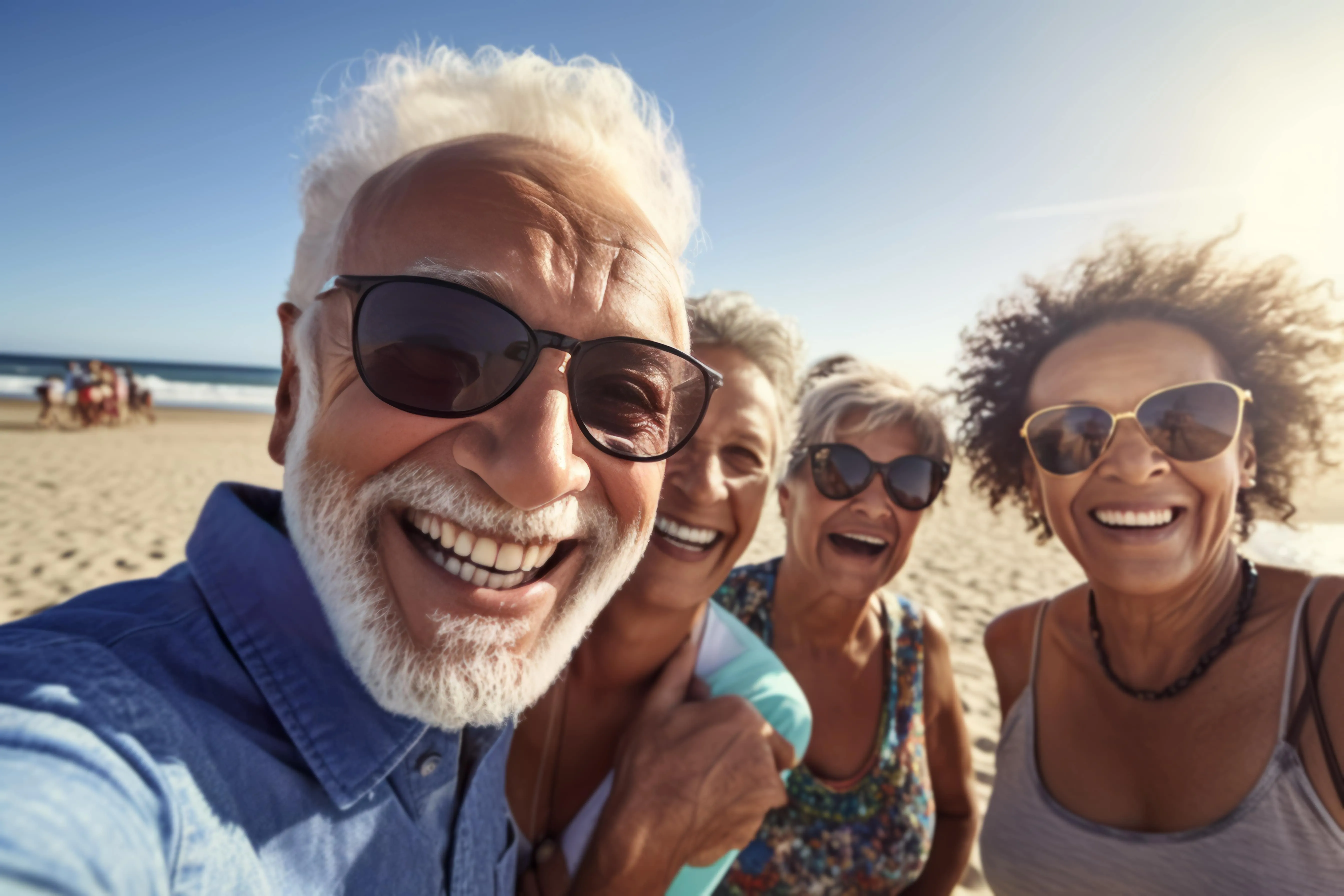 Four older adults smiling and taking a selfie together on a sunny beach.