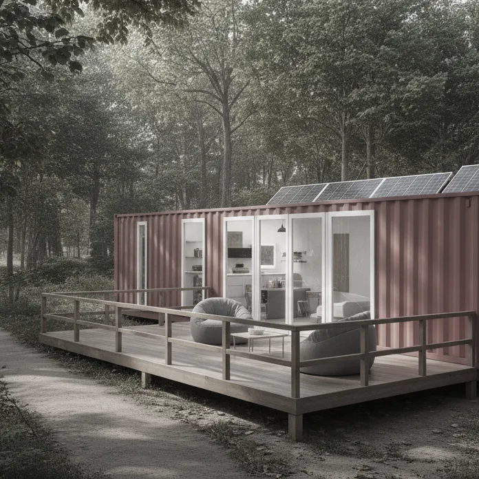 Maison moderne réalisée avec un conteneur maritime rouge, équipée de panneaux solaires sur le toit, avec une terrasse en bois et deux fauteuils autour d'une table basse, située dans une forêt.