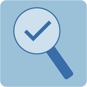 Vergrootglas met een vinkje erin, symbool voor zekerheid.