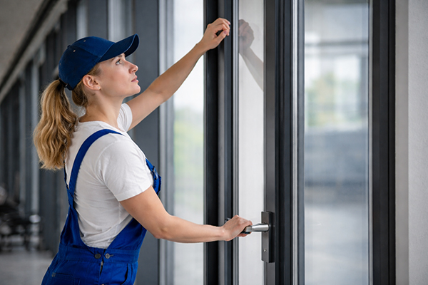 Vrouw in blauwe overalls en pet opent glazen deur in een modern gebouw.