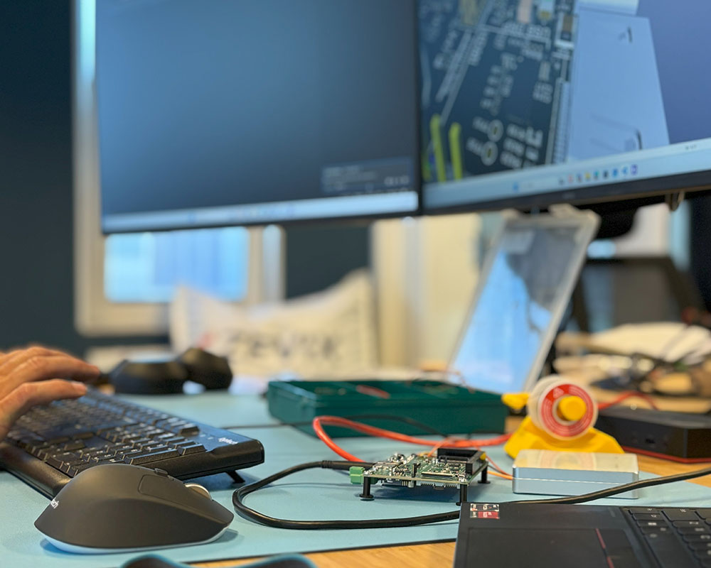 Hand die op een toetsenbord typt met daarnaast een computermuis en een printplaat met kabels op een bureau, met computerbeeldschermen op de achtergrond.