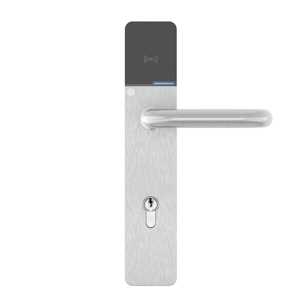 Moderne zilveren deurgreep met ingebouwde elektronische kaartlezer en sleutelgat.