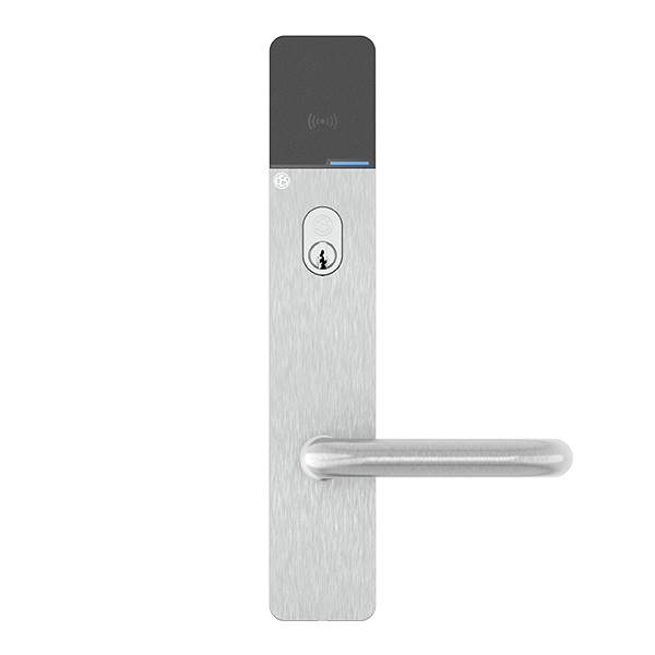 Moderne zilverkleurige deuropener met een geïntegreerde zwarte RFID-lezer en een blauw LED-licht.