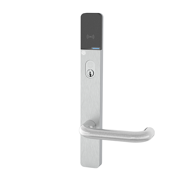 Moderne metalen deurgreep met slank ontwerp en elektronisch kaartlezer met blauwe LED-indicator.