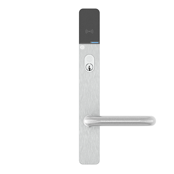 Stalen deurklink met zwarte elektronische kaartlezer en blauwe LED-indicator.