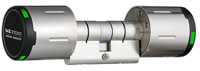 Modern elektronische deurcilinder met zilveren behuizing en groene indicatoren aan beide zijden.