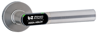 RVS deurkruk met ronde rozet en merklabel UZ Uhlmann & Zacher ASSA ABLOY.