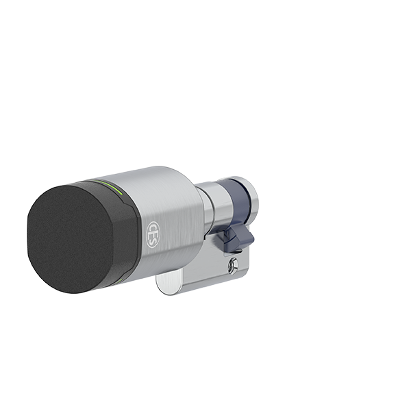 Moderne zilverkleurige cilinderslot met zwarte voorkant en groene LED-indicator.