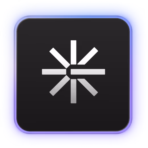 Icon of a spark or asterisk shape with eight silver bars radiating from a central point on a black square background with a purple glow border.