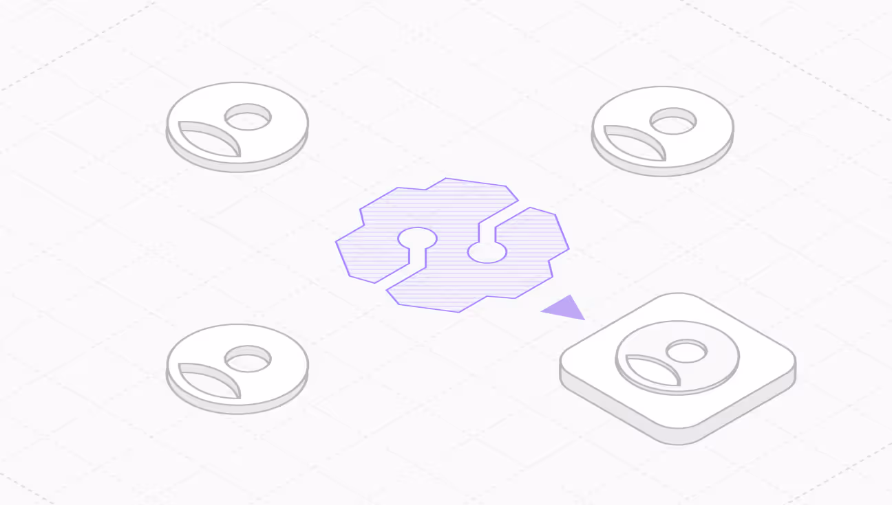 Central purple circuit-like icon surrounded by four white circular icons and one white rounded square icon with similar designs on a light grid background.