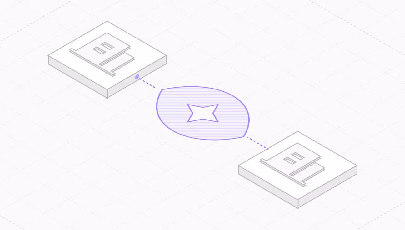 Isometric illustration of two white blocks connected by a dotted line passing through a purple circular shape with a star cutout in the center.