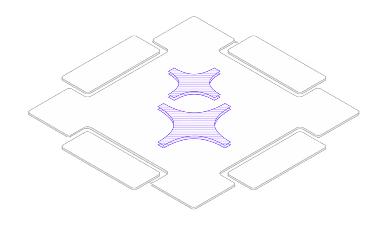 Isometric diagram showing a central square platform with six surrounding rectangular extensions and two blue cross-shaped overlays.