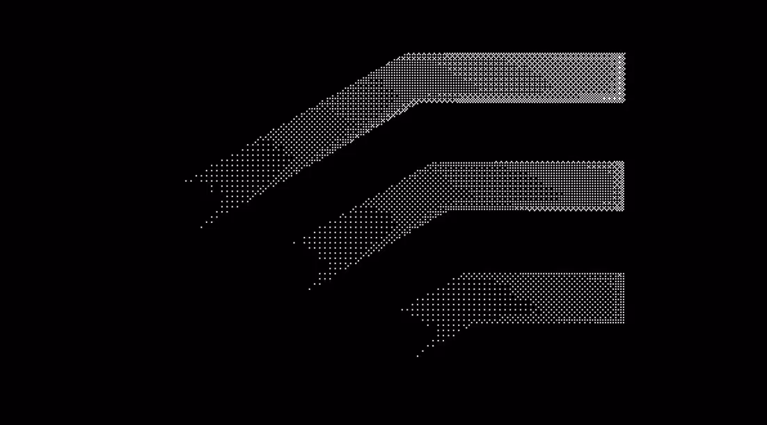 Black background with three horizontal bars made of small white dots, forming a digital glitch effect.