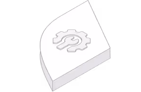 White curved block with a grey outline of a gear and a wrench inside it.