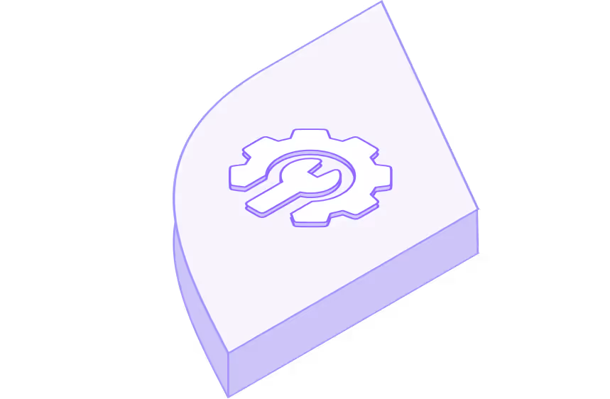 Isometric white block with purple outline featuring a gear and wrench icon representing tools or settings.