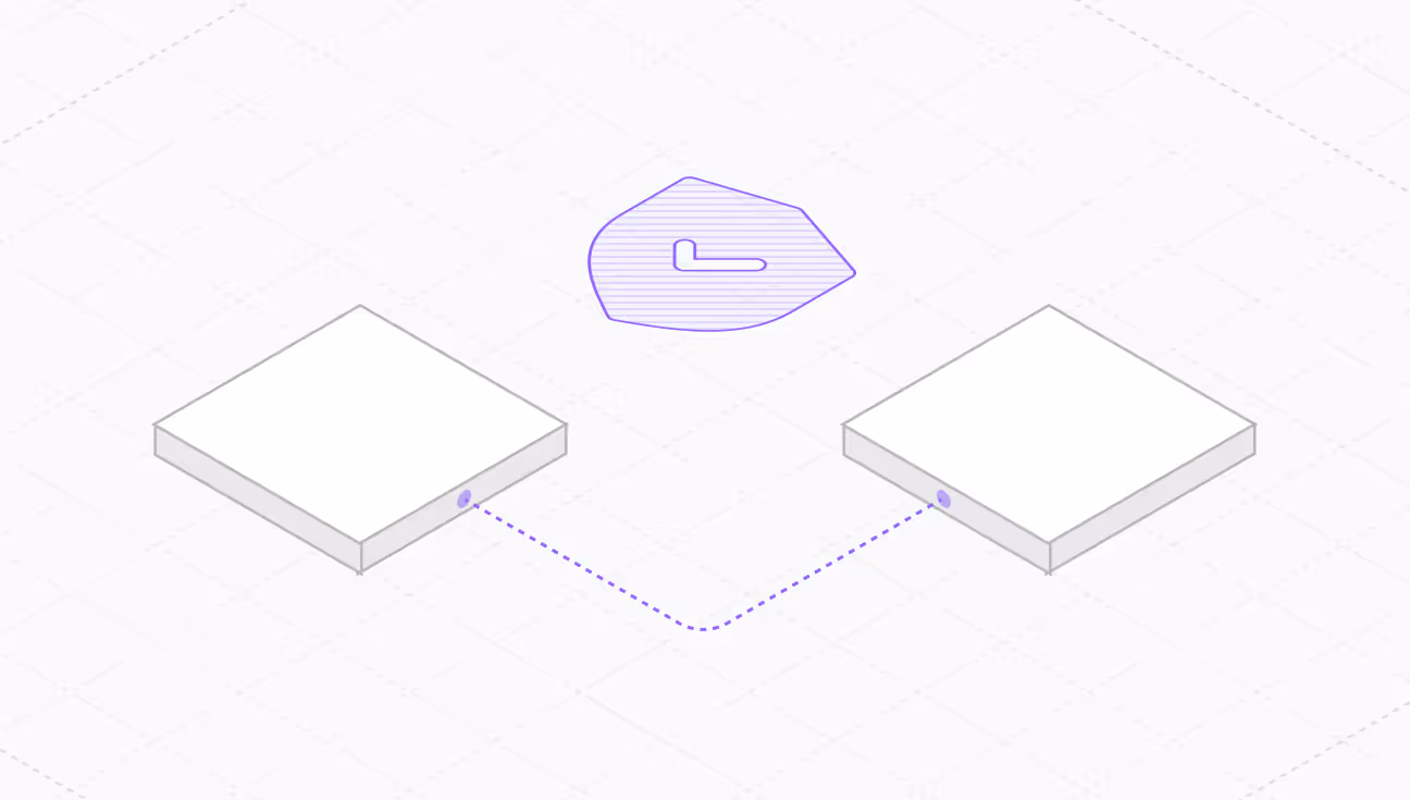 Diagram showing two white square blocks connected by a dashed purple line with a purple shield icon above them.