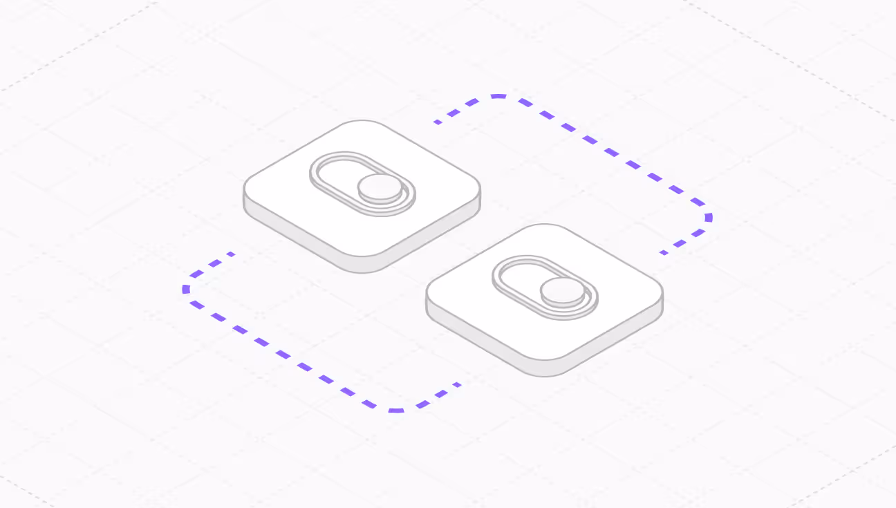 Two isometric toggle switch icons connected by a dotted purple line on a grid background.