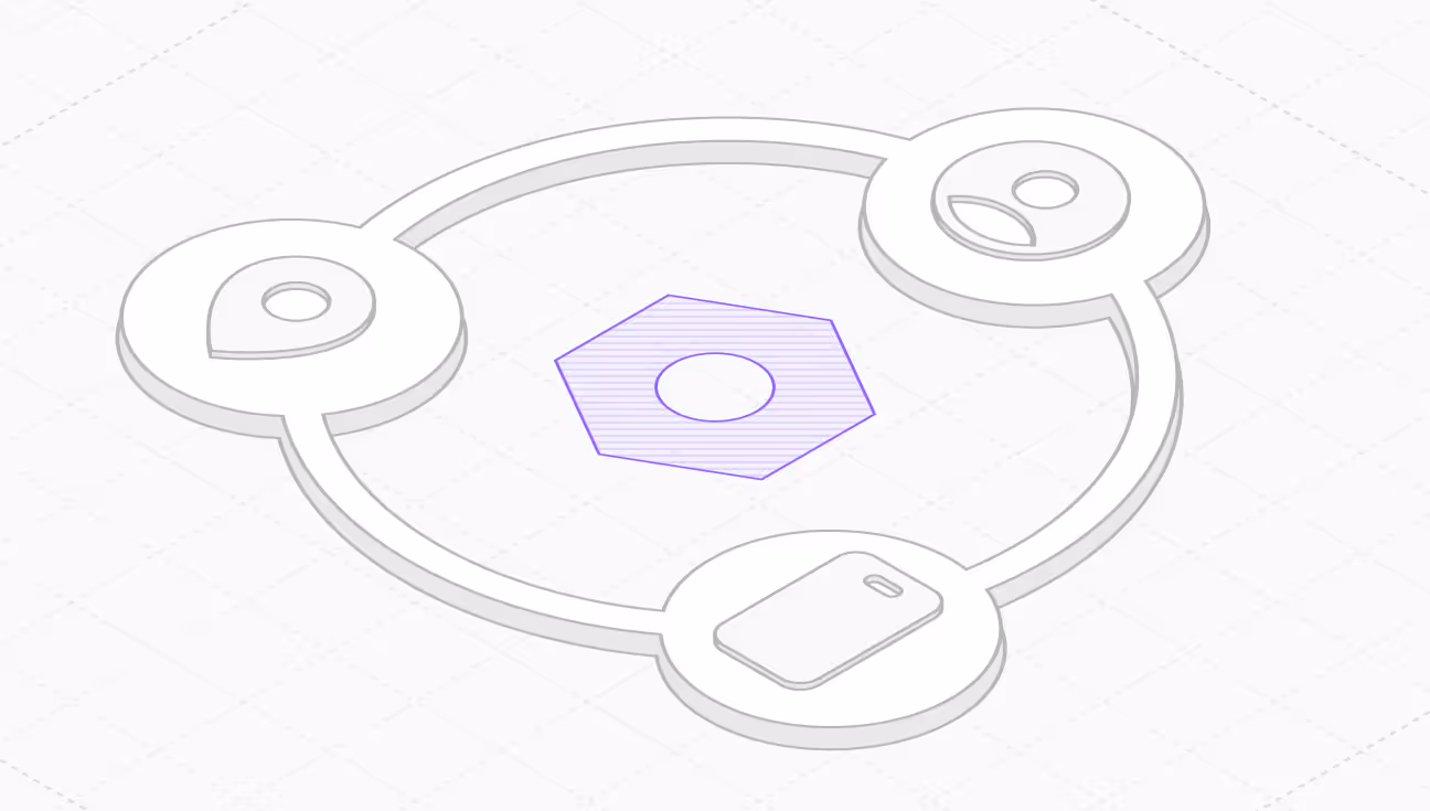 Isometric illustration of a hexagonal nut in the center connected by circular paths to three rounded nodes, each containing abstract shapes resembling a location pin, a sad face, and a luggage tag.