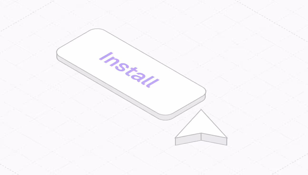 3D illustration of a white rectangular button with the word 'Install' in purple and a 3D arrow cursor pointing at it.