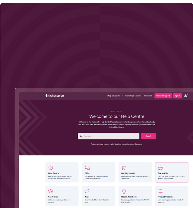 Screenshot of Ticketsolve help centre on a dark purple background