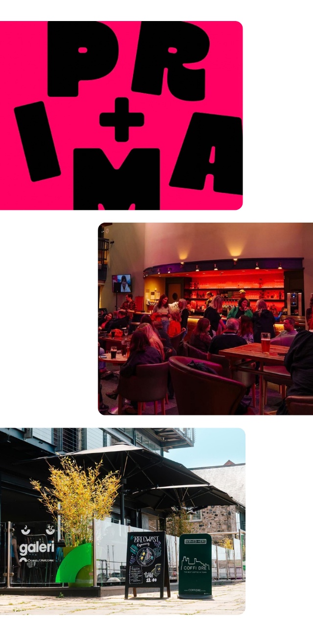 Image of Prima plus membership card, alongside the Galeri bar in the evening, filled with a crowd of people, and the Galeri cafe terrace