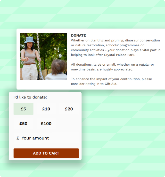 Screenshots of Crystal Palace donation setup in Ticketsolve, on a pale turquoise background