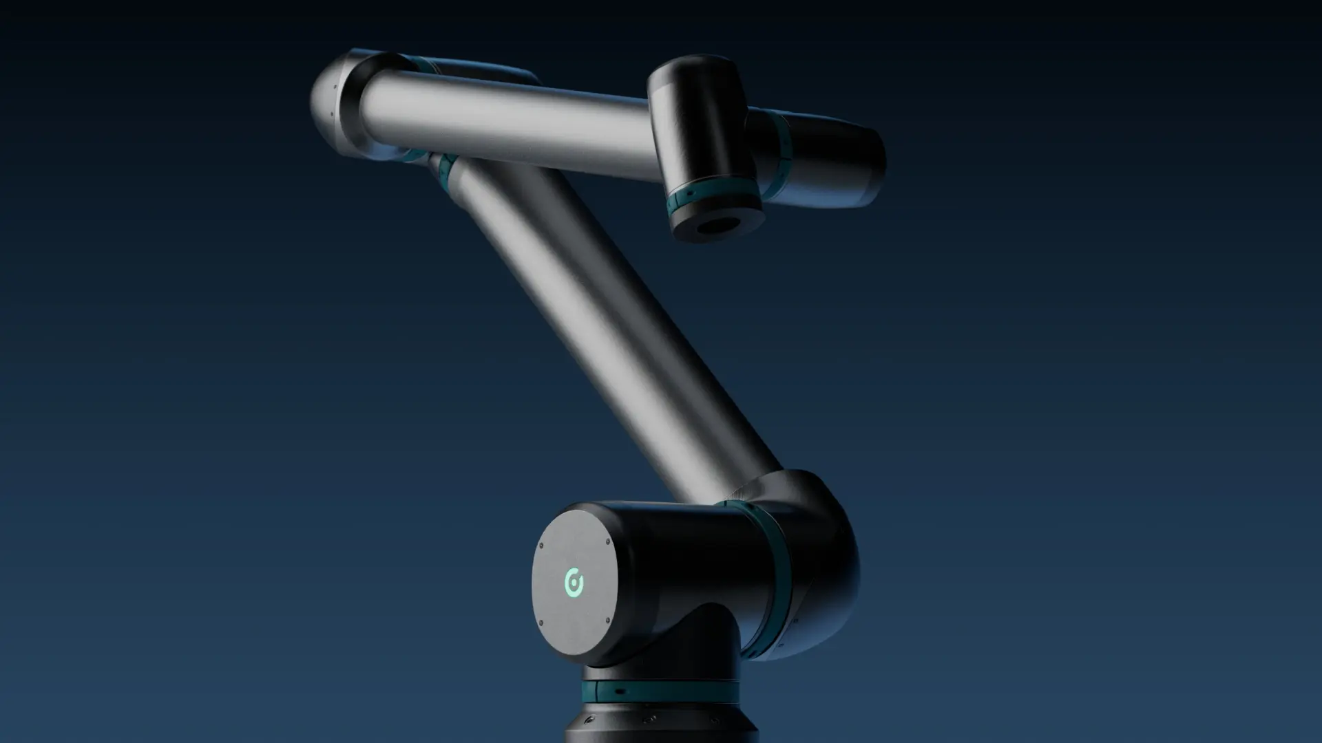 Close-up of a modern, dark robotic arm for intelligent automation; the sleek design emphasizes the advanced technology in robotics and production.