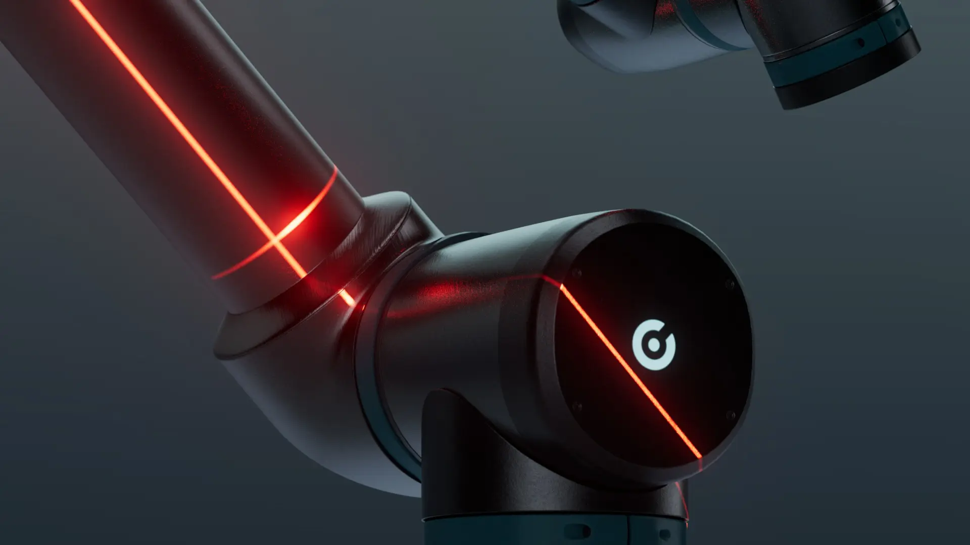 Close-up of a black robotic arm joint illuminated by red laser lines on a dark background.