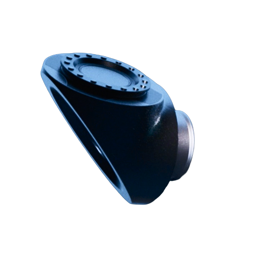 Black mechanical or industrial part with a circular flange featuring bolt holes, shown against a black background.