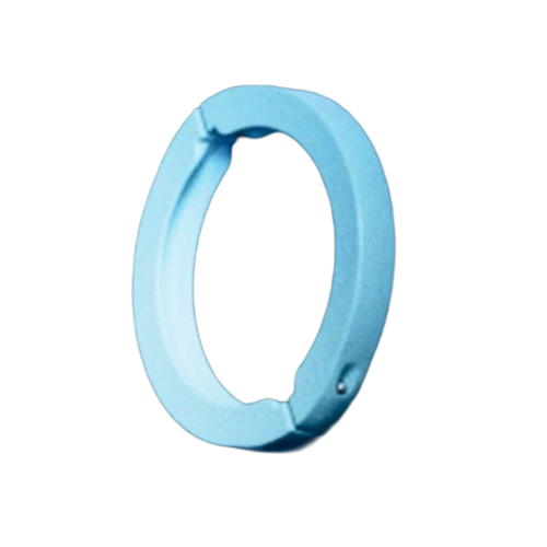 Blue silicone ring with a small metal clasp on a black background.