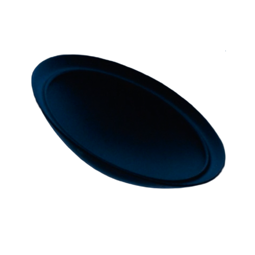 Dark blue oval-shaped serving platter with a raised edge.